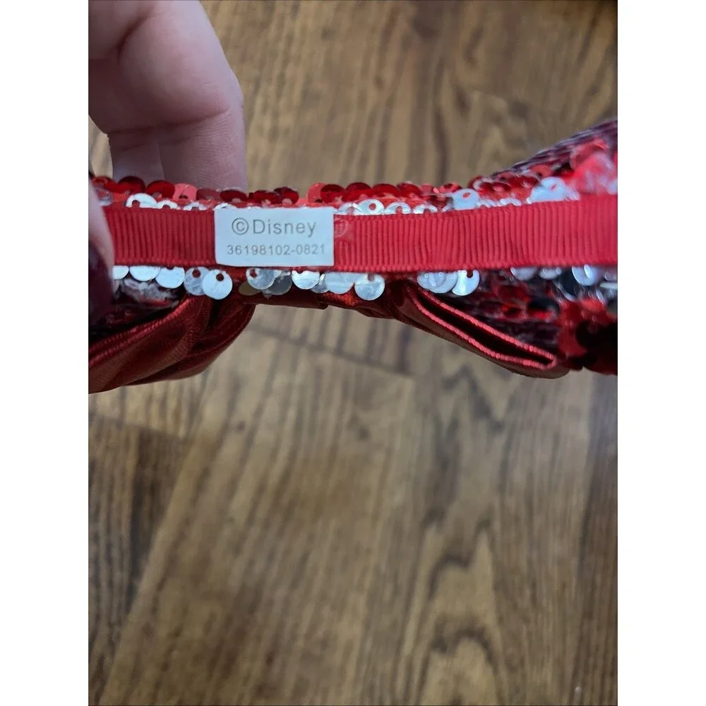 Disney Minnie Mouse Holiday Sequined Ear Headband - Red & Silver With Red Bow
